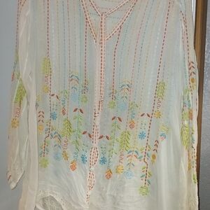 Silk Embroidery  Button-Down Tunic Blouse